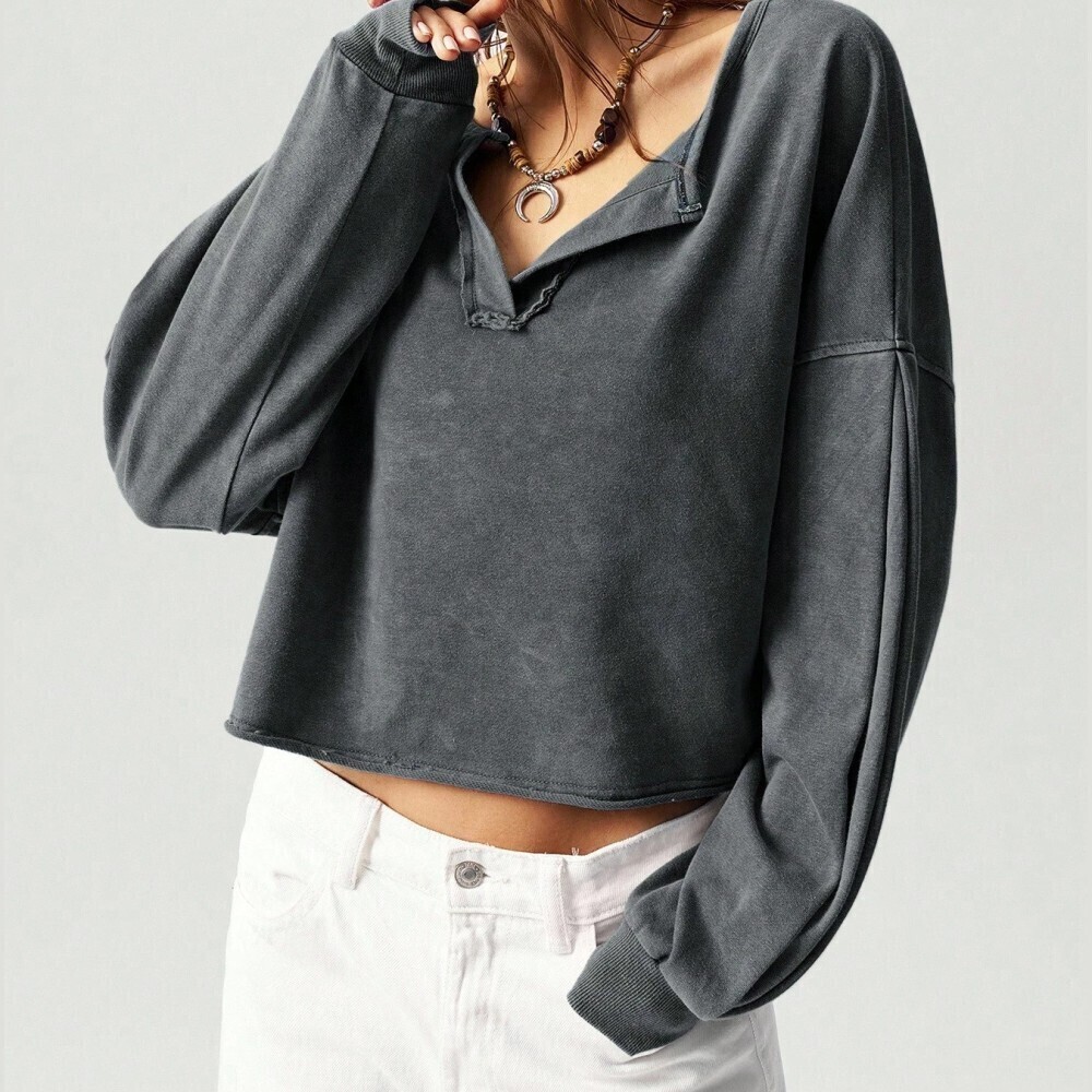 Charcoal Gray Notched Collar Oversized Cropped Henley Sweatshirt